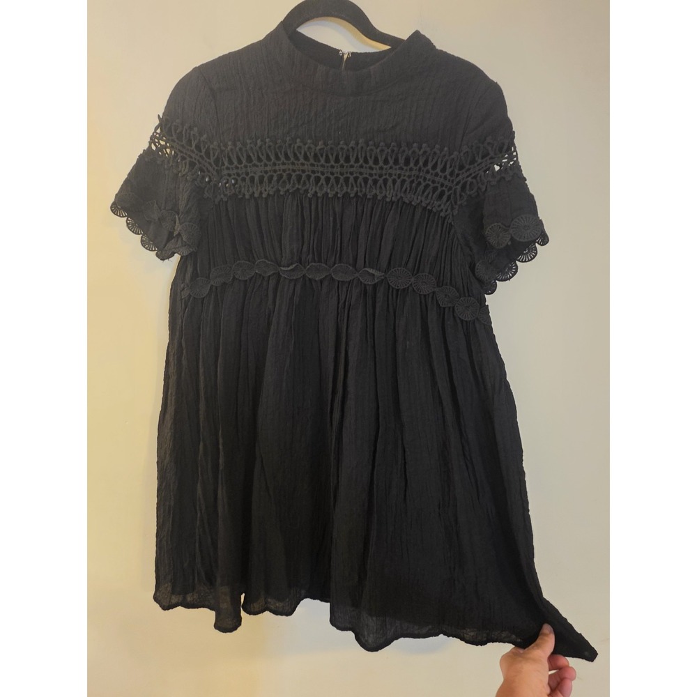 INA Women's Size Medium Black Textured‎ Boho Babydoll Embroidered Dress Gothic